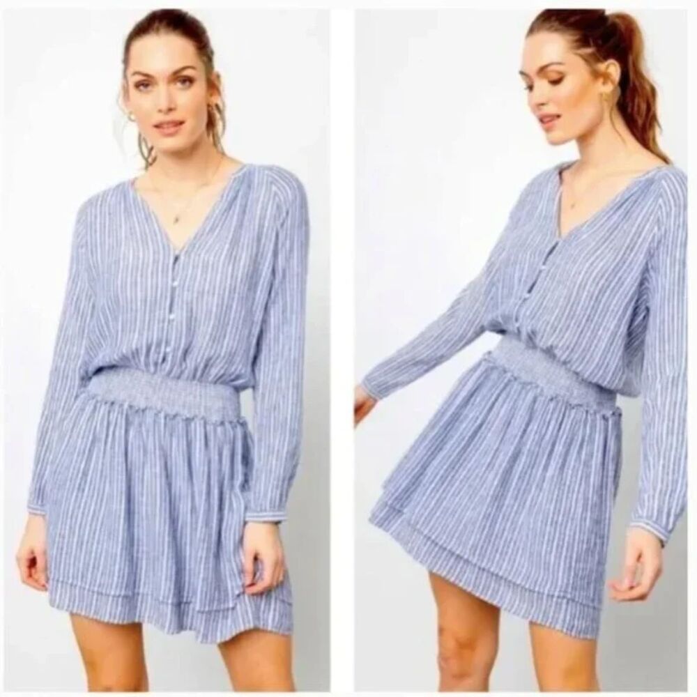 Rails Jasmine Linen Dress Women's Medium in Azure Stripe Vacation Coastal